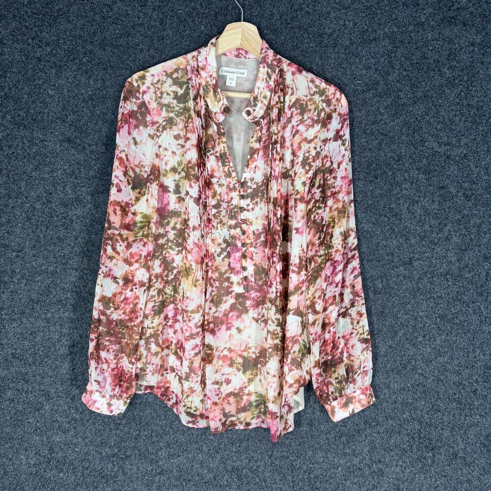 Coldwater Creek Blouse Women L Large Beige Floral V-Neck Long Sleeve 1/2 Button